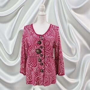NIC t ZOE FUSHIA AND WHITE CARDIGAN SWEATER XL HAS 9 DECORATIVE BUTTONS FRONT